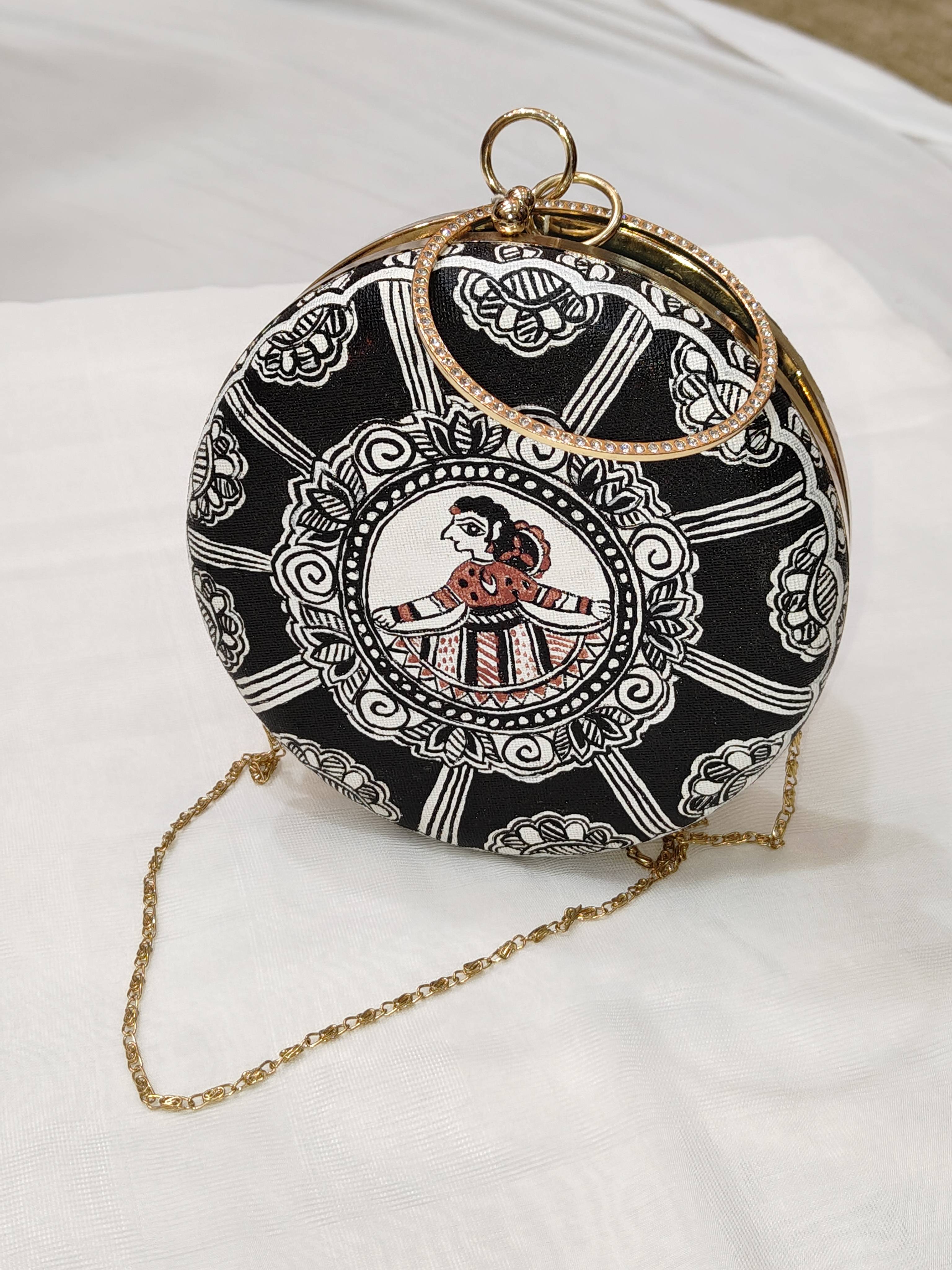 Handpainted Black & White Round Madhubani Clutch